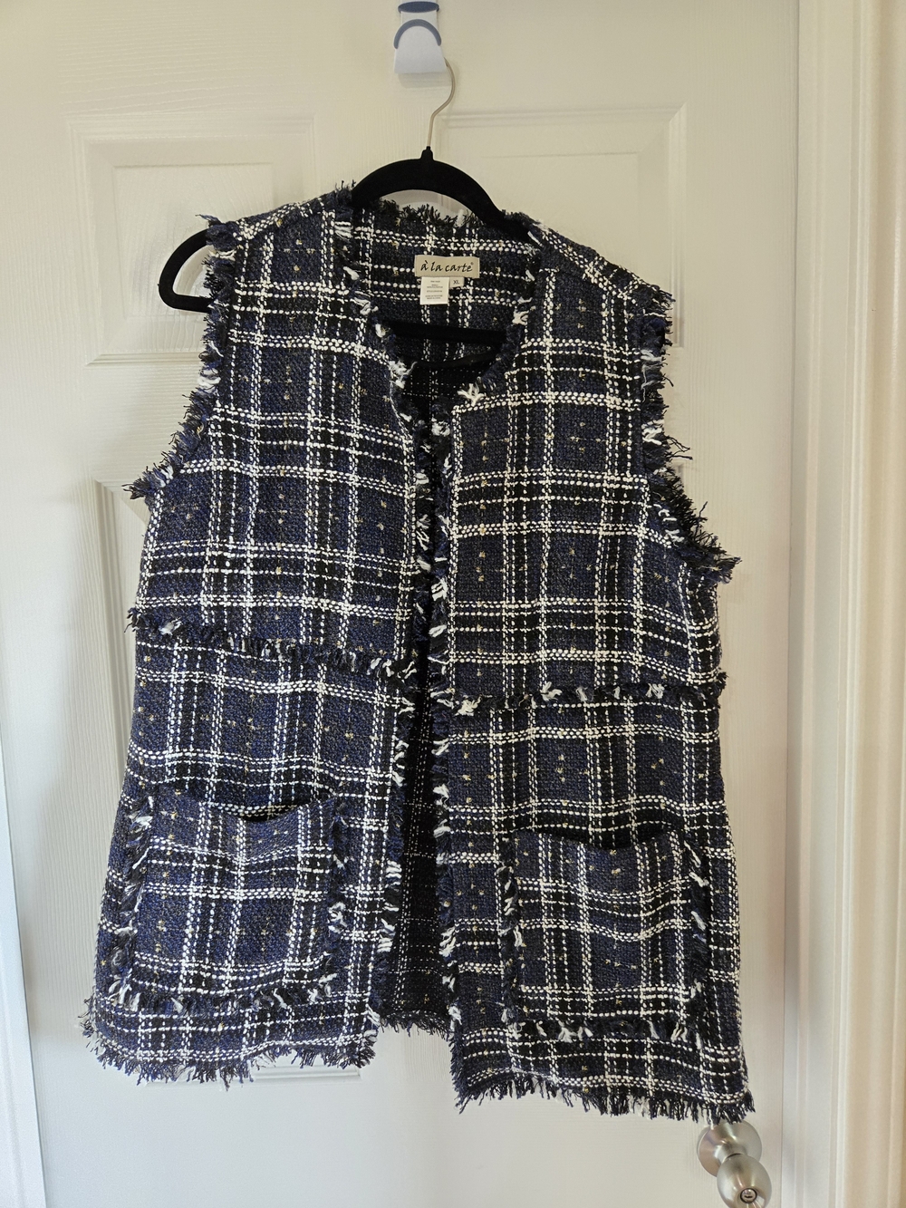 a la carte Navy & White Tweed Fringe Vest